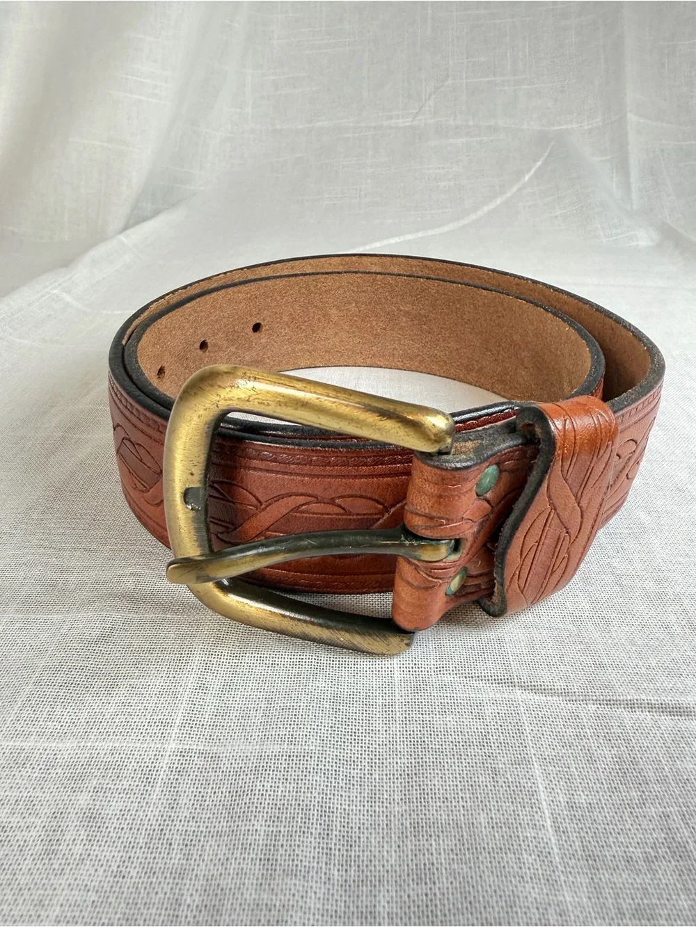 Vintage Hand Tooled Brown Leather Belt Celtic Braid Brass Buckle 29-34”